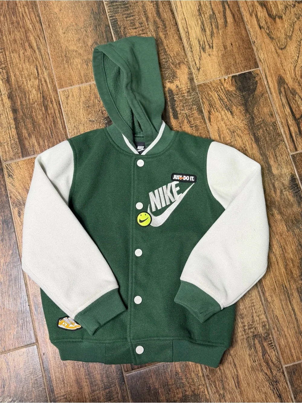 Nike Vintage-Style Green & Cream Varsity Bomber Jacket Hoodie Kids M 6